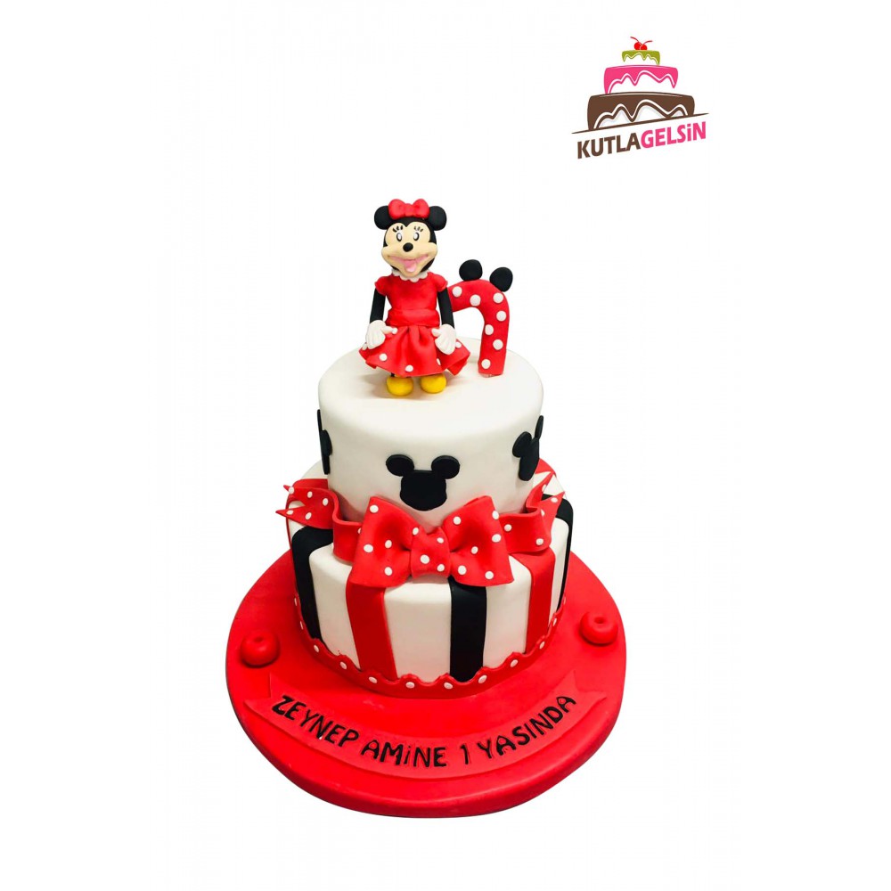 MİNİ FARE (MINNIE MOUSE) KARAKTERLİ VE FİYONK DETAYLI ÇİFT KATLI PASTA